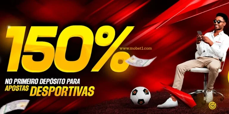 Banner promocional da Mobet Angola mostrando o bónus de boas-vindas de 150% até 100.000 Kz para novos jogadores, com design vibrante e elementos gráficos que remetem às apostas desportivas online em Angola.