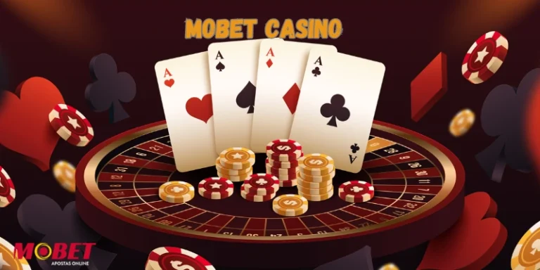 Visão dinâmica do Mobet Casino com elementos de jogos online (slots vibrantes, cartas de blackjack), simbolizando a revolução das apostas digitais em Angola.